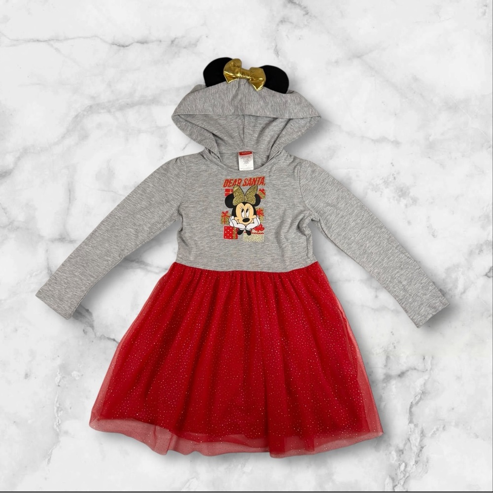 Disney Minnie Mouse Christmas/Holiday Dress w/ Hood and Ears Gray & Red Size 6x